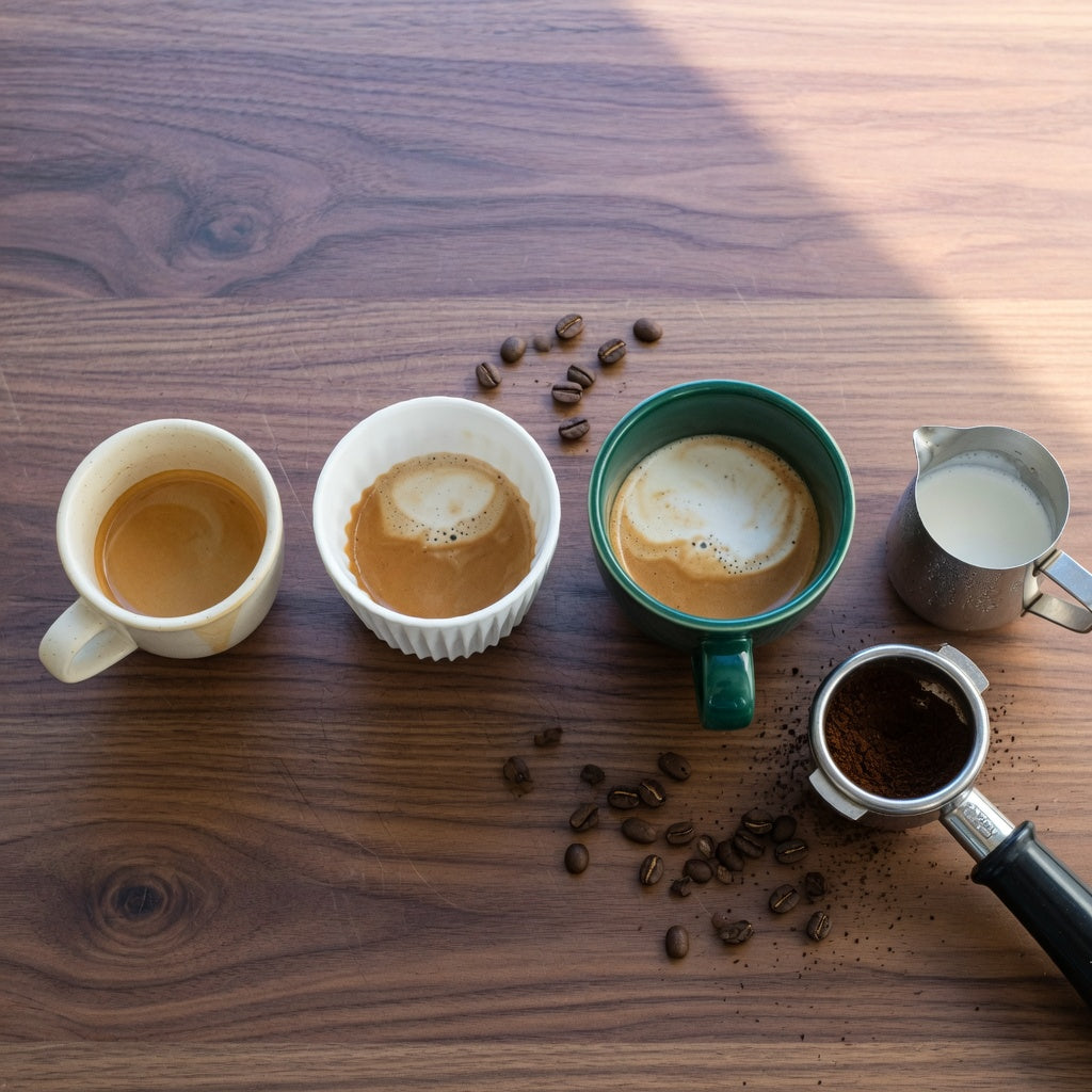 Three ceramic cups in 170, 200 and 270 ml sizes showing what size cup for a cortado compared with larger milk drinks