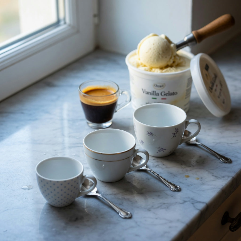 What size cup for affogato: three cup sizes — 170 ml, 200 ml, and 270 ml — compared on a kitchen counter beside a fresh espresso shot and vanilla gelato