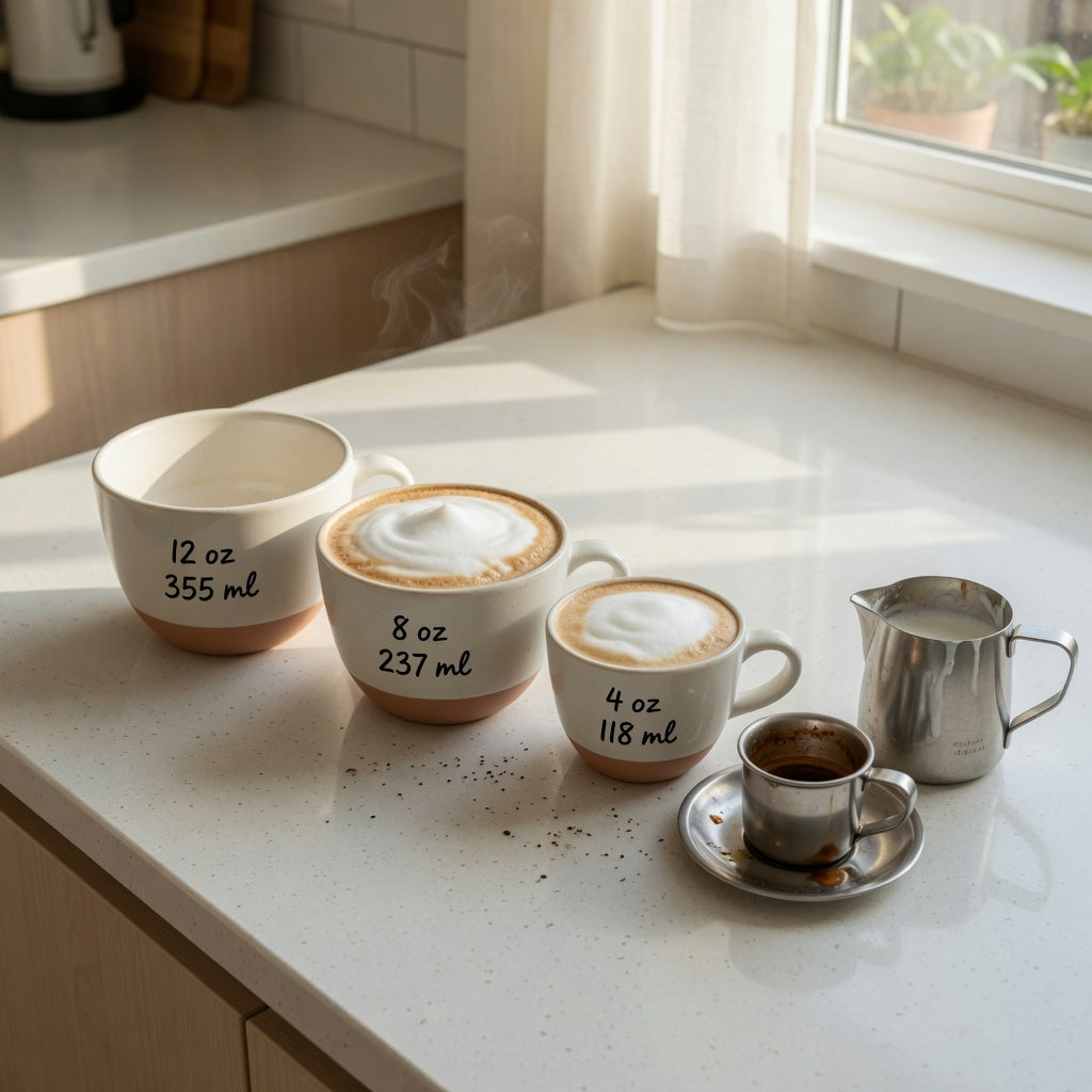 Three cup sizes side by side demonstrating what size cup for cappuccino works at home, from a small classic cup to a larger 270 ml mug