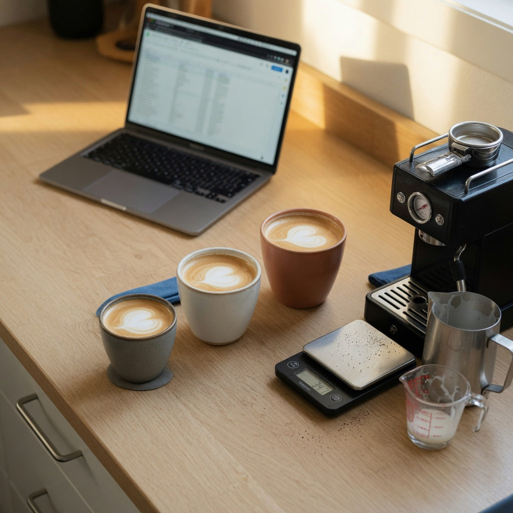 Kitchen scale and three cups comparing what size cup for flat white suits 200, 250 and 270 ml routines