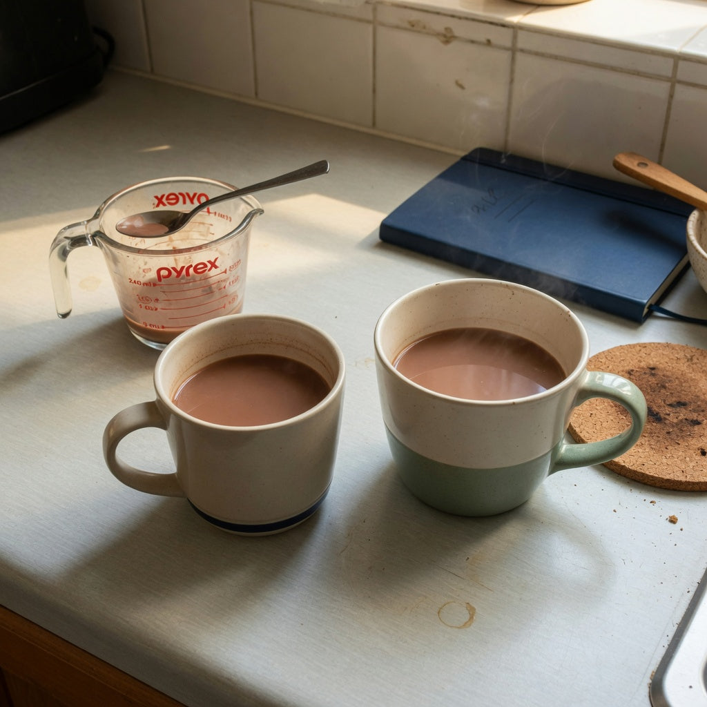 What size hot cocoa mug is best for everyday use shown by 400 ml and 480 ml mugs with an 8-ounce cocoa pour