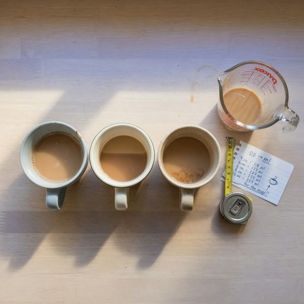 What size is a cafe au lait mug: three handled mugs in 400 ml, 440 ml, and 480 ml sizes filled to different levels on a kitchen counter