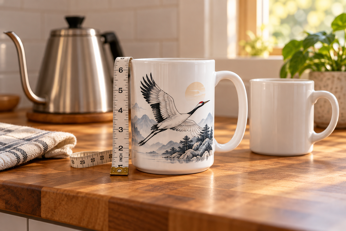 White ceramic mug printed with a crane beside a measuring tape and a plain mug for scale — the comparison we shoot when customers ask what size is a crane coffee mug