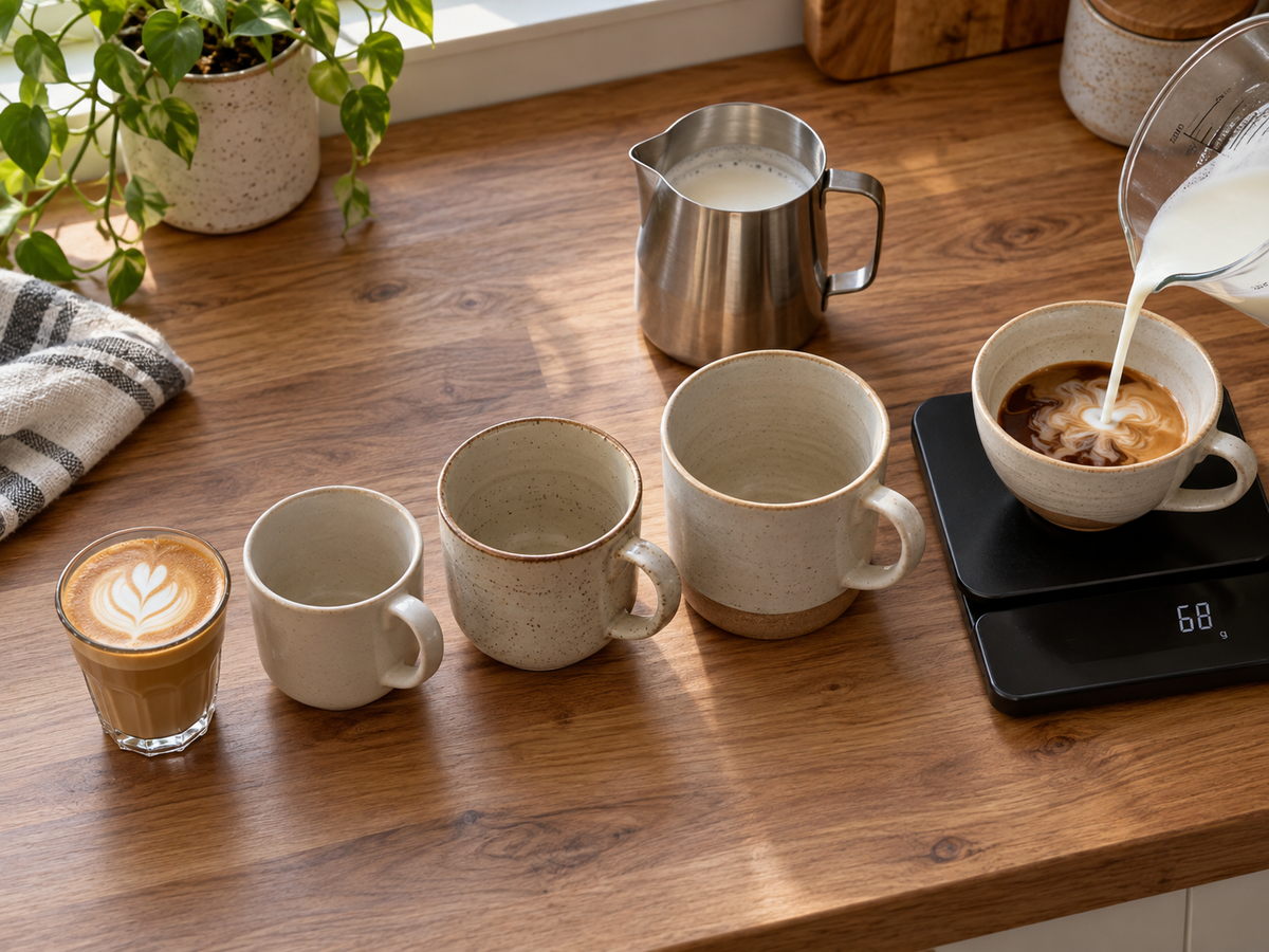 A 100 ml piccolo glass beside 170, 250 and 270 ml coffee mugs, illustrating what size is a piccolo cup compared with everyday cups