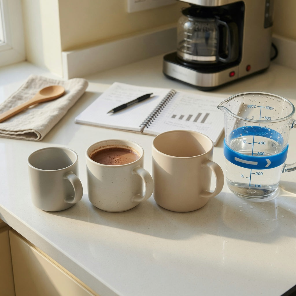 What size mocha mug is best for everyday use, shown with three handled mugs at 400, 440, and 480 ml beside a measured coffee-and-cocoa pour
