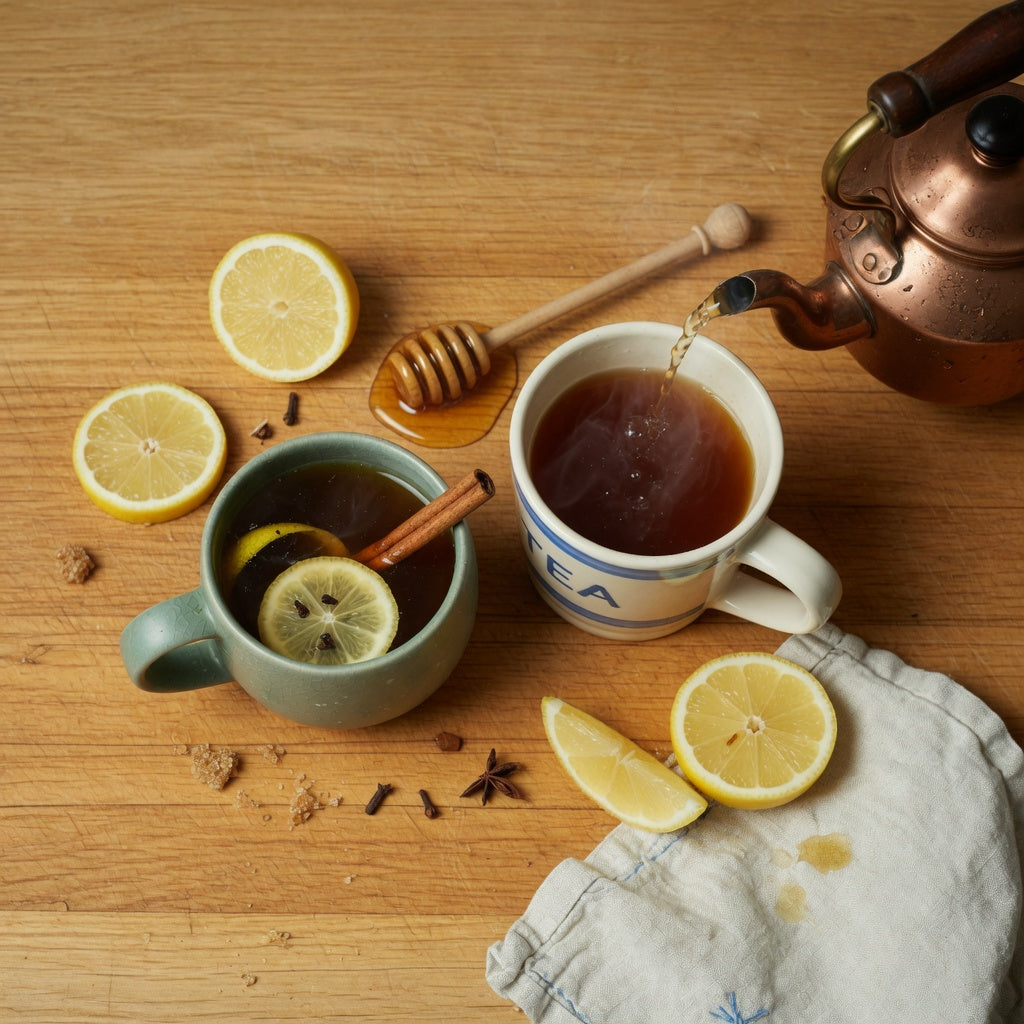 Side-by-side 400 ml and 480 ml ceramic mugs with lemon and honey on a kitchen counter, illustrating what size mug for a hot toddy fits a classic versus generous serve