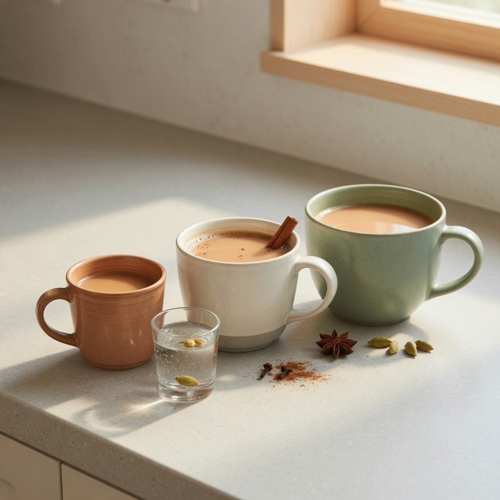 Three mug capacities beside a small chai glass showing what size mug for chai tea suits each serving