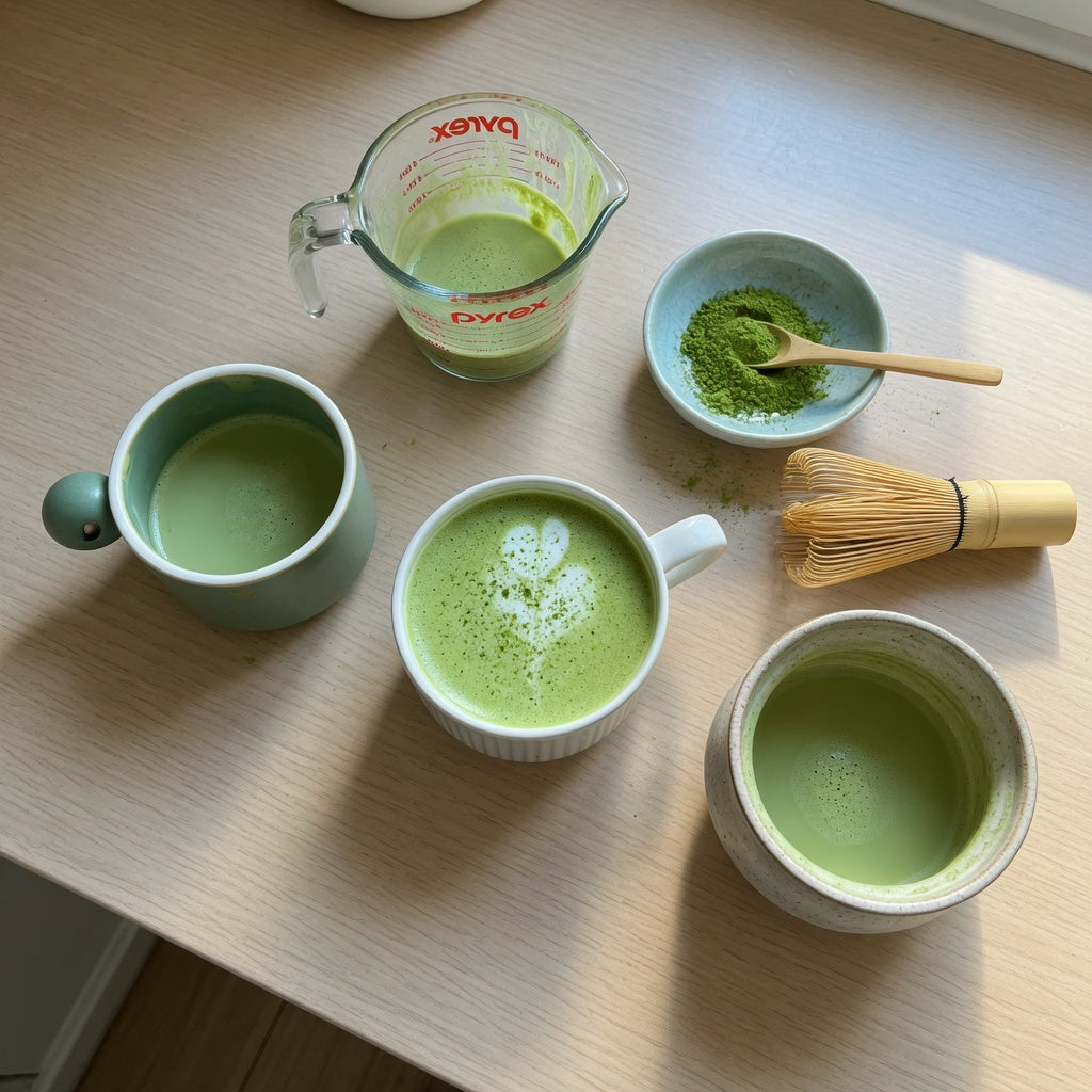 Three matcha lattes at different fill levels showing what size mug for matcha latte fits best: 250 ml ball handle mug, 390 ml round mug, and 400 ml spittoon mug on a kitchen counter