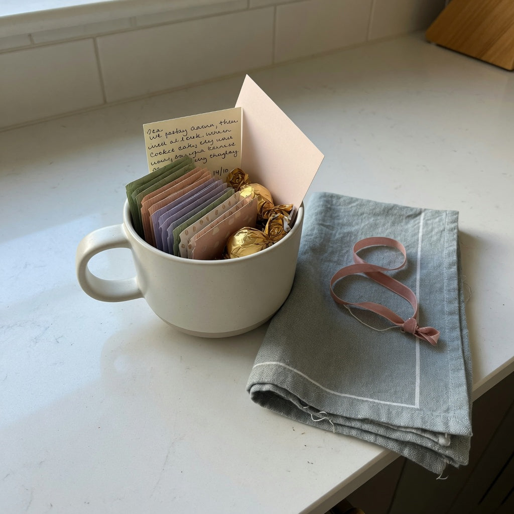 What to put in a coffee mug as a birthday gift: sealed tea sachets, wrapped chocolate, a gift card, and a handwritten note