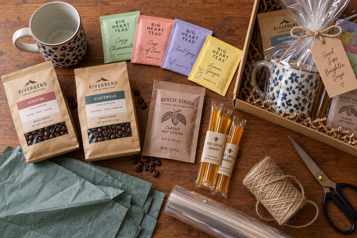 What to put in a coffee mug as a gift: a mug beside kraft bags of coffee beans, tea sachets, a cocoa sachet, honey sticks, and tissue paper ready for packing