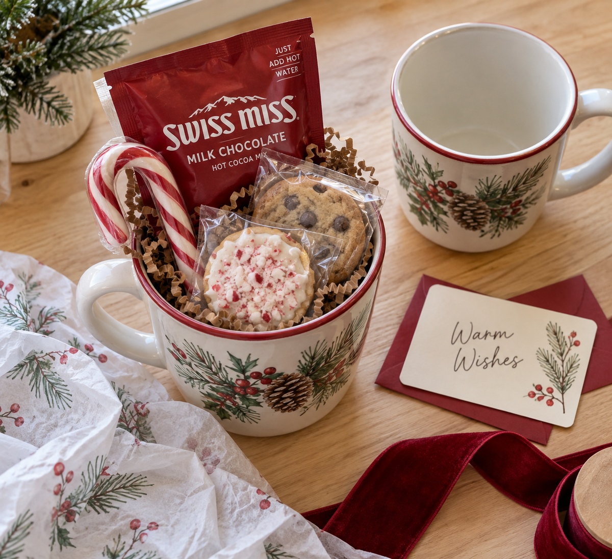 Filled coffee mug gift with a cocoa packet, candy cane, and crinkle paper — a working example of what to put in a coffee mug gift for birthdays and holidays