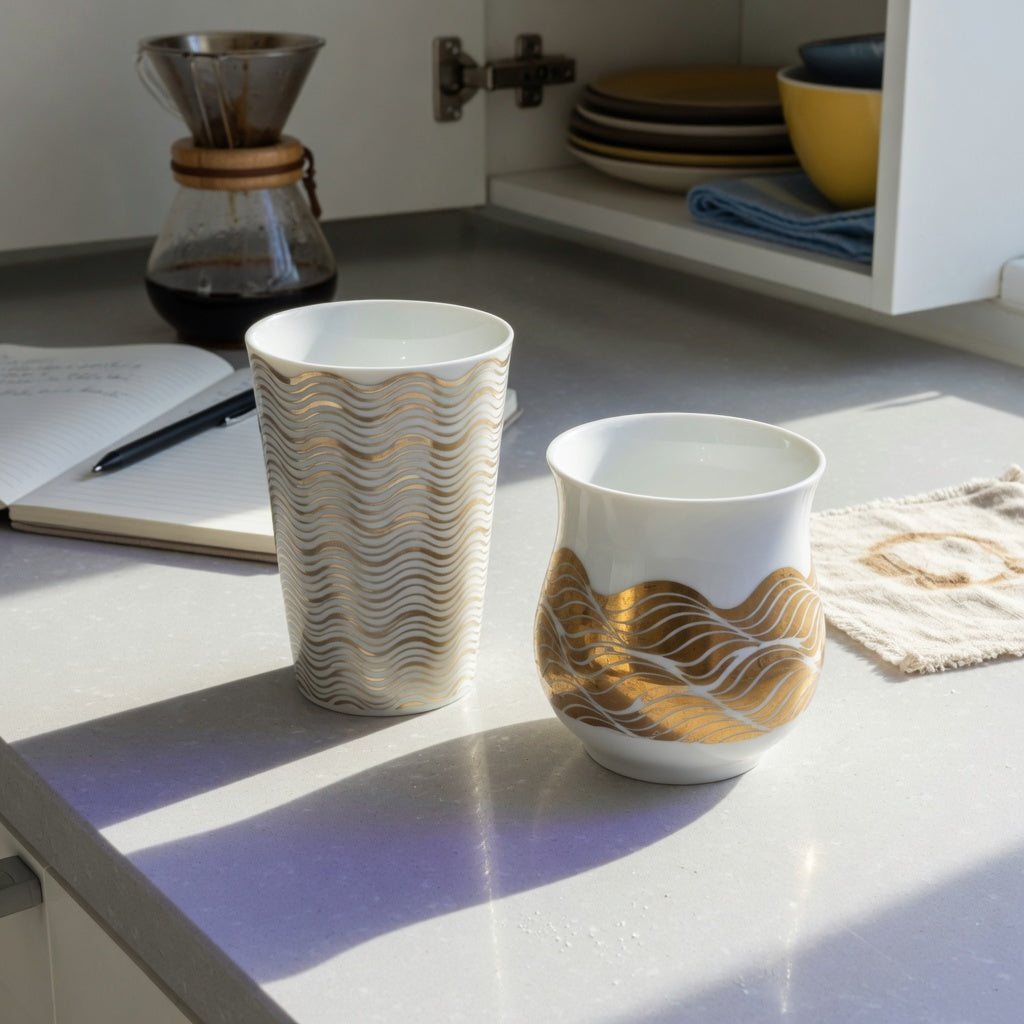 White and gold coffee mug daily use guide comparison of tall waves and lower Kio-style mugs on a kitchen worktop