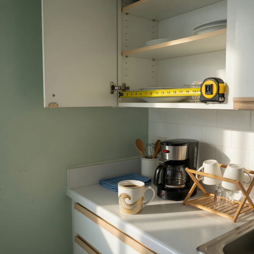 White and gold coffee mug compact kitchen practical purchase checklist with a tape measure checking cabinet and counter fit
