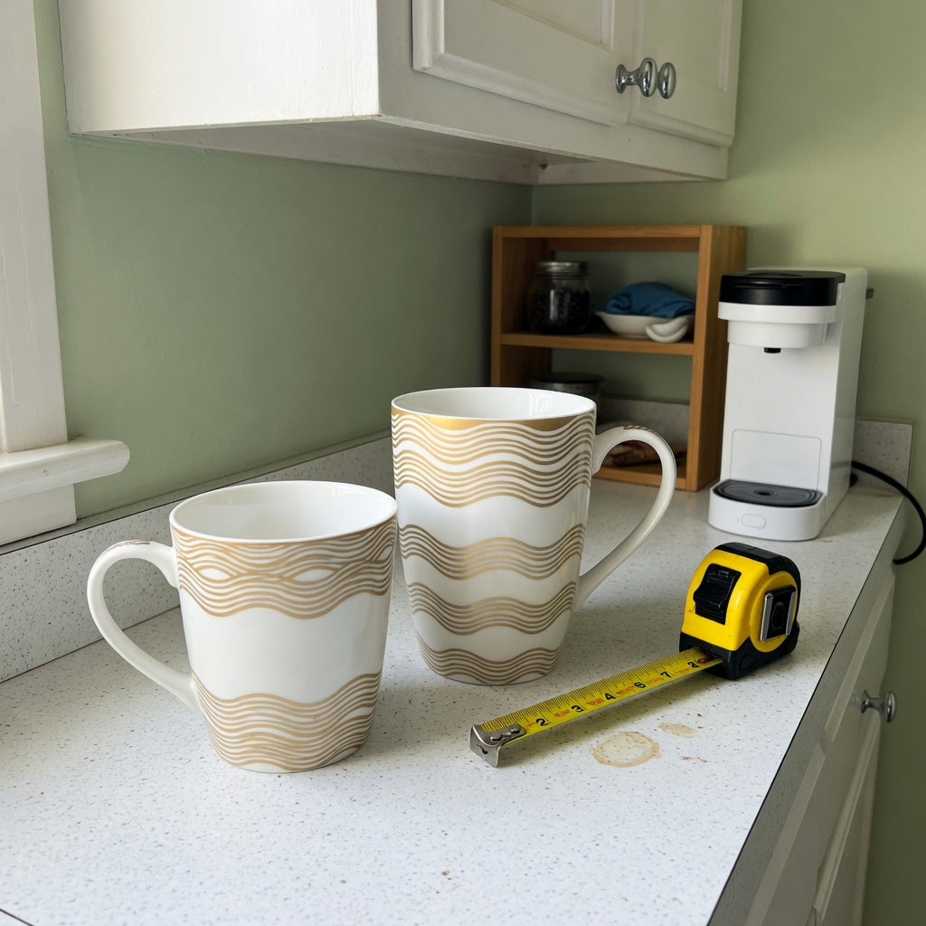 A white and gold coffee mug compact kitchen product shortlist guide showing tall and lower wave mug forms on a narrow counter