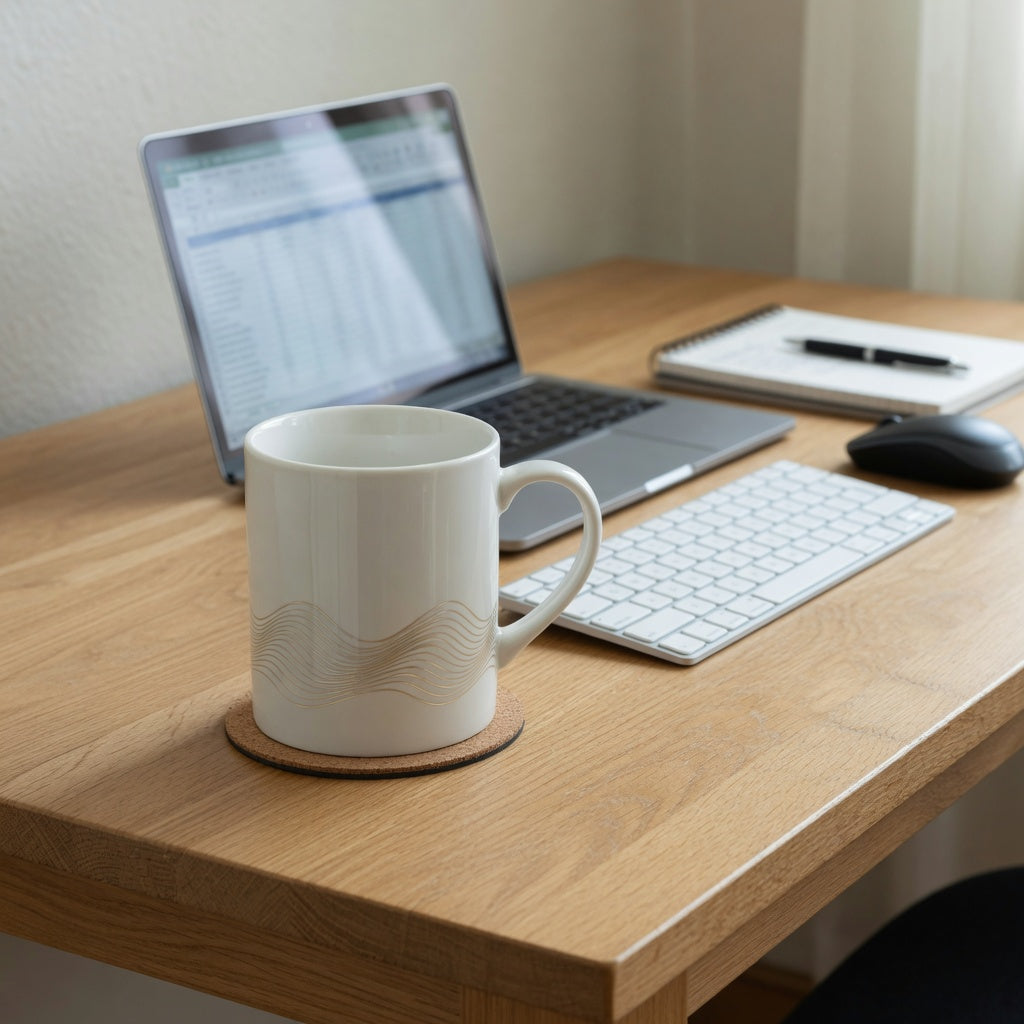 White and gold coffee mug for desk use beside a laptop, keyboard, notebook, and mouse