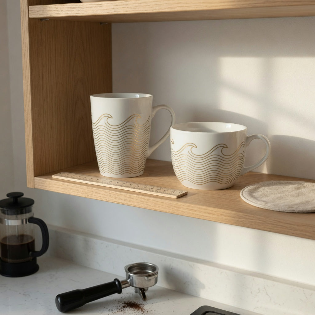 A white and gold coffee mug everyday mug rotation product shortlist guide scene with tall and lower-profile wave mugs on an open kitchen shelf
