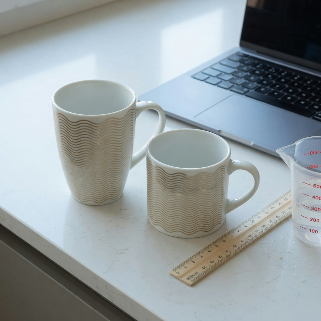 Two wave-pattern mugs compared for a white and gold coffee mug first time buyer product shortlist guide, with tall and Kio forms side by side