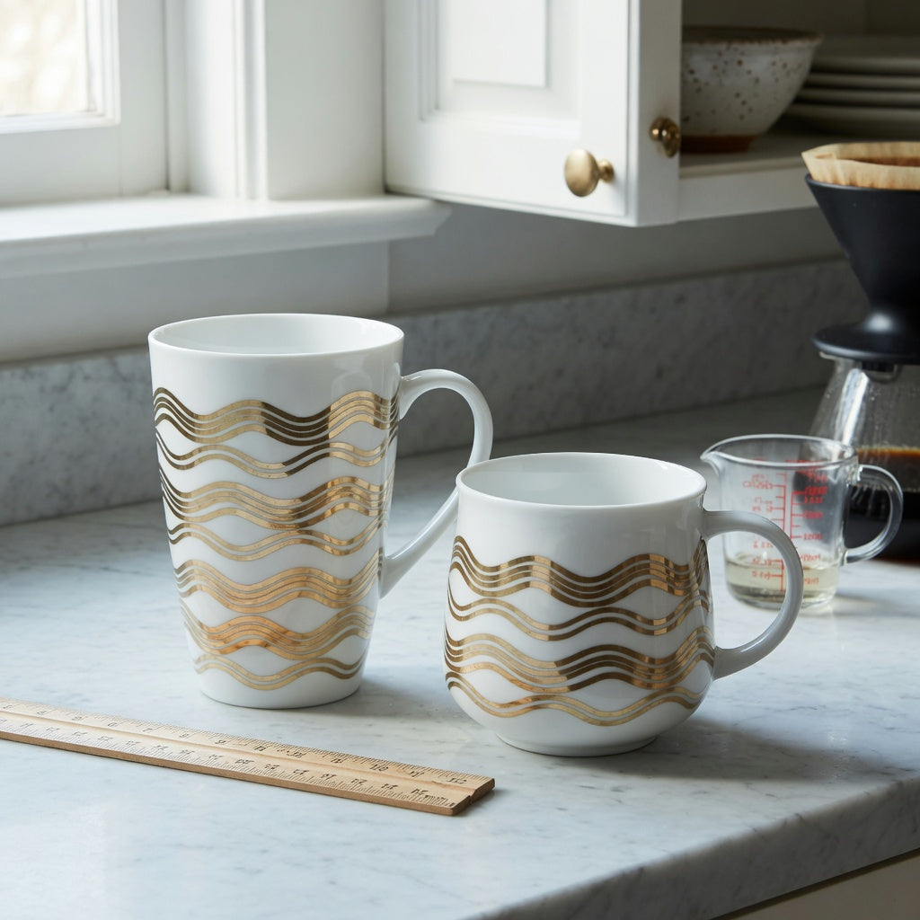 White and gold coffee mug gift choice practical purchase checklist with tall and Kio wave-style mugs beside a brewer and measuring jug