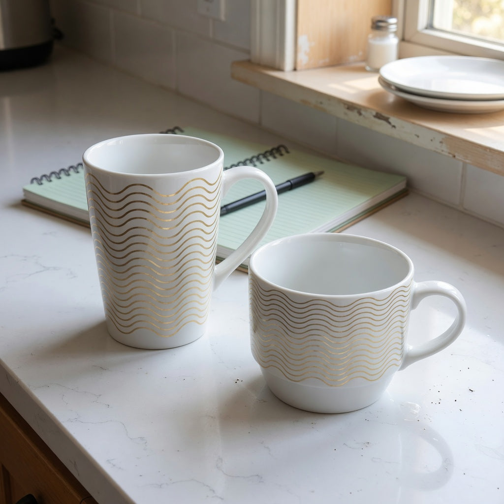 White and gold coffee mug gift choice product shortlist guide showing tall and compact wave mugs on a kitchen counter