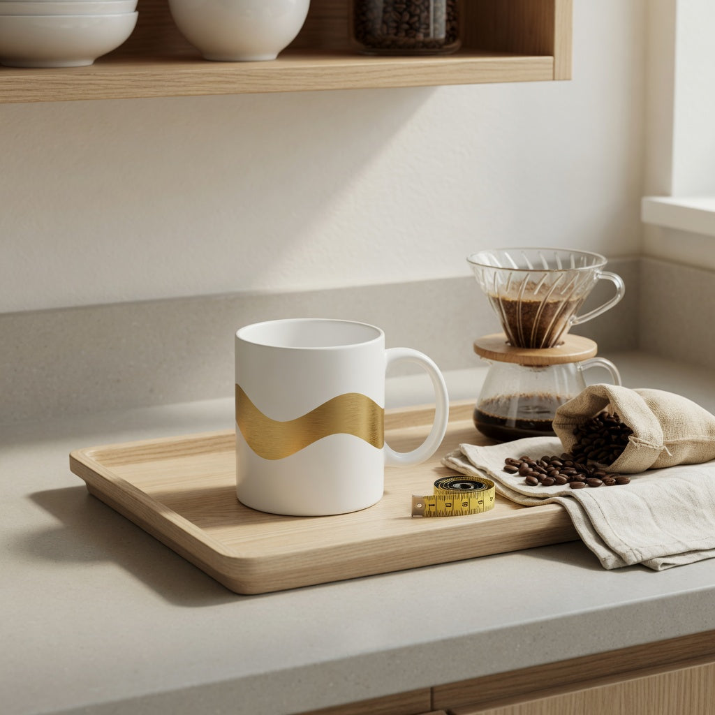 White and gold coffee mug home coffee station practical purchase checklist beside a tray, shelf, pour-over dripper, and measuring tape