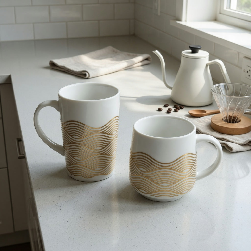White and gold coffee mug home coffee station product shortlist guide with tall and compact waves mugs beside a pour-over setup