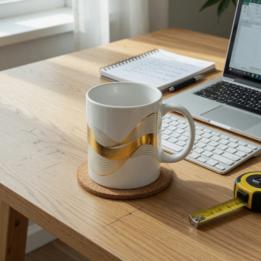 A white and gold coffee mug home office practical purchase checklist scene with a mug beside a laptop, notebook, and measuring tape