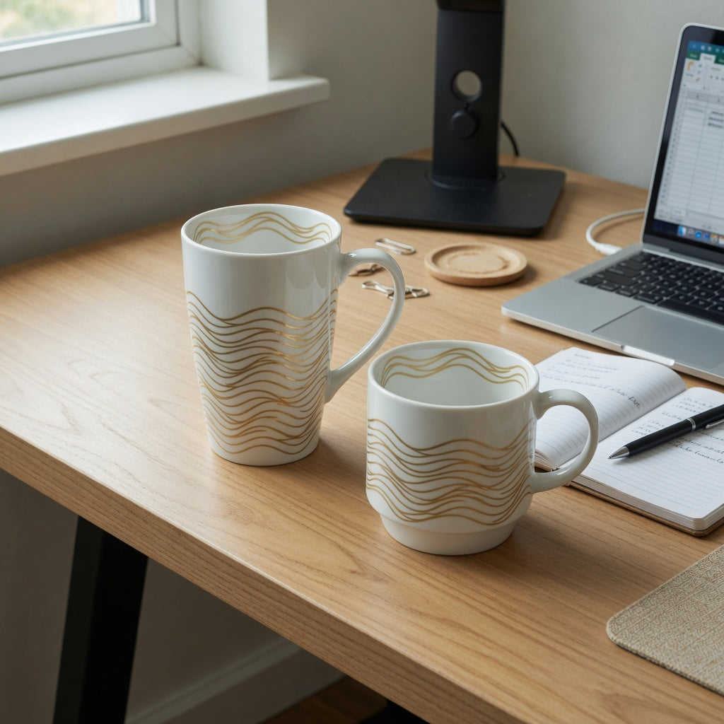A white and gold coffee mug home office product shortlist guide comparing a tall waves mug and lower Kio form beside a laptop