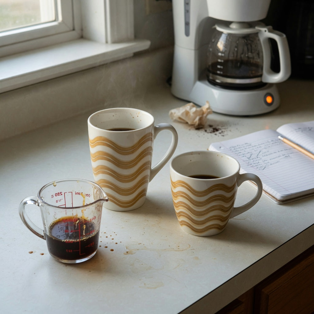 white and gold coffee mug morning routine practical purchase checklist with a measured first pour beside the Tall and Kio wave-style forms
