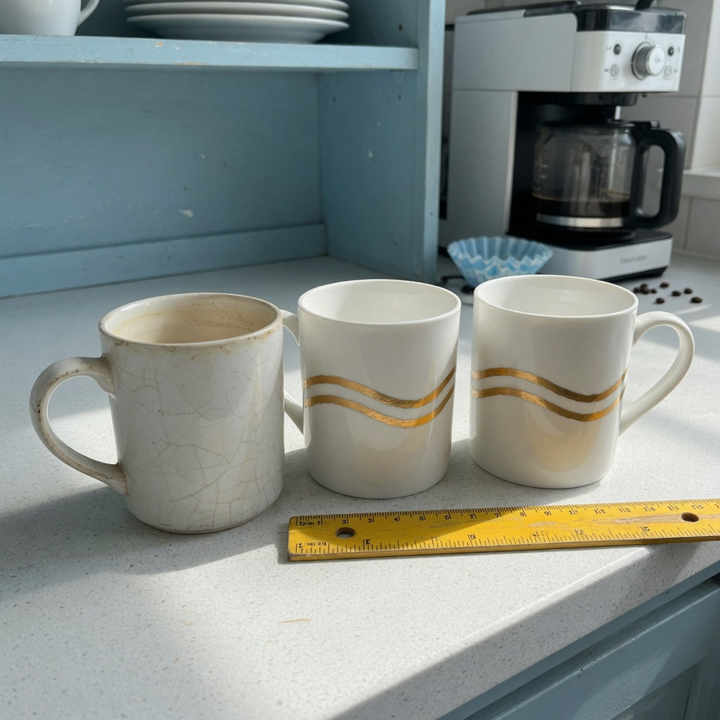 White and gold coffee mug replacement purchase practical purchase checklist showing two wave-design mug forms beside the mug being replaced