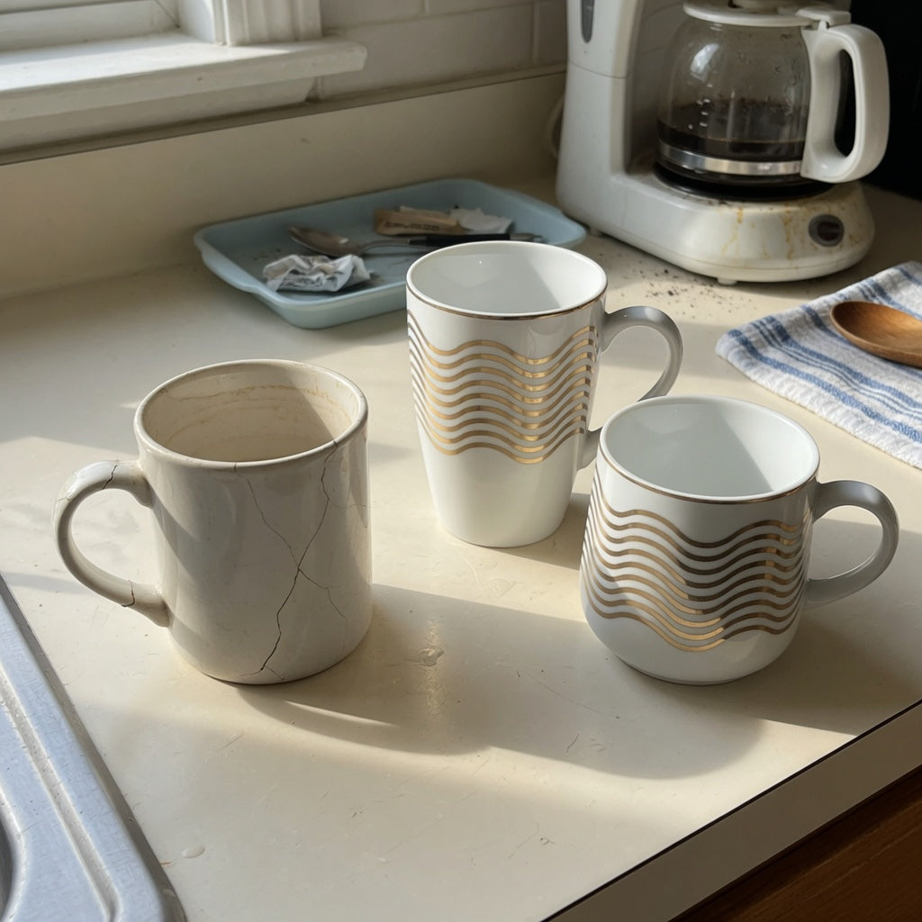 white and gold coffee mug replacement purchase product shortlist guide comparing a taller wave mug and a more compact wave mug beside a worn replacement mug