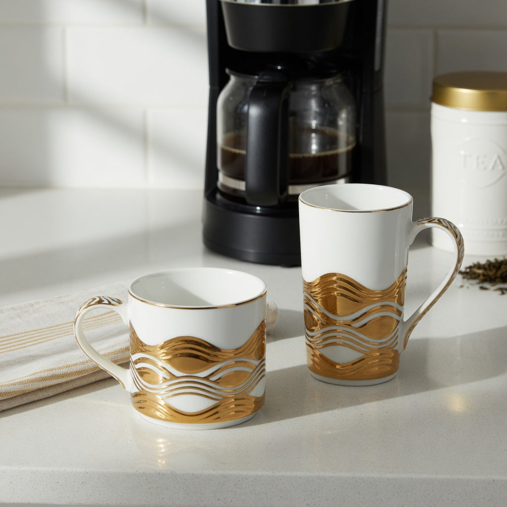 white and gold coffee mug shared household practical purchase checklist showing tall and lower-profile mugs on a shared kitchen counter