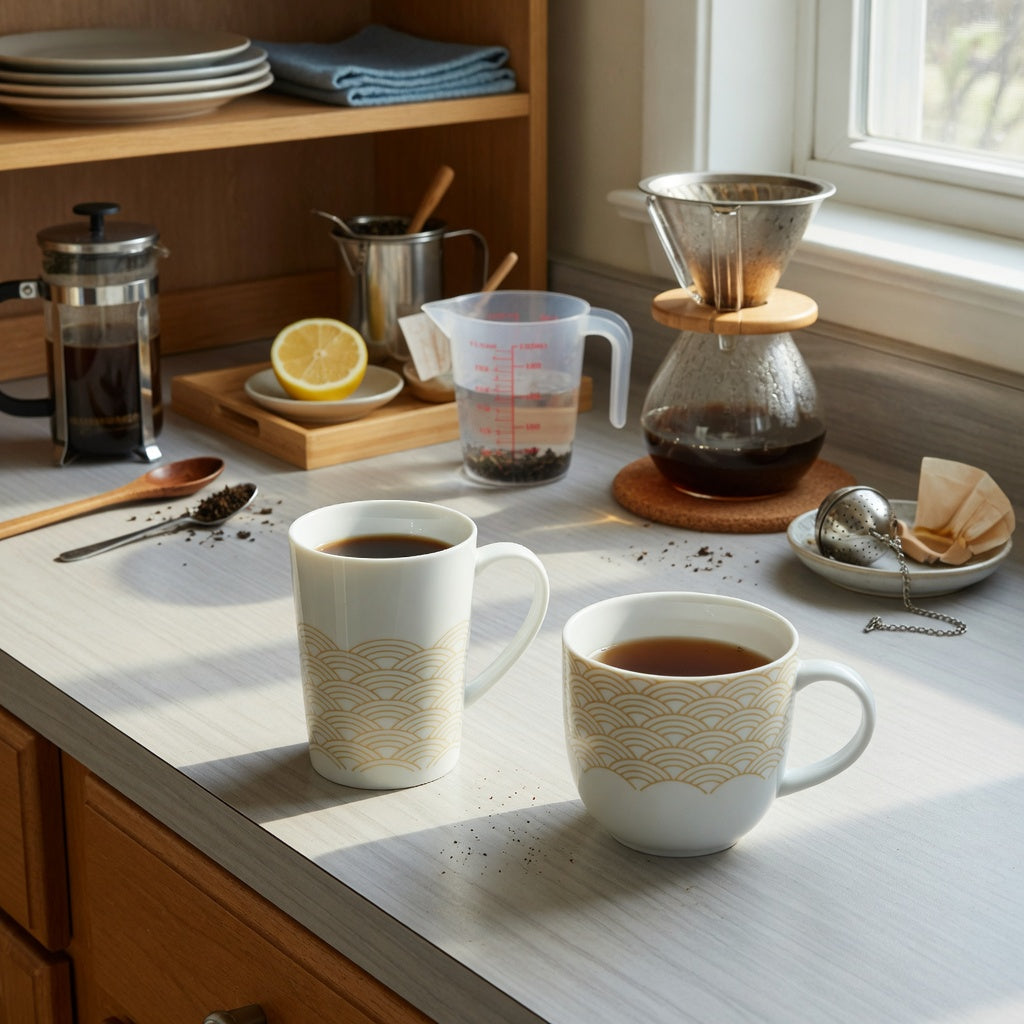 Shared kitchen comparison for a white and gold coffee mug shared household product shortlist guide, showing one tall wave mug and one lower Kio form