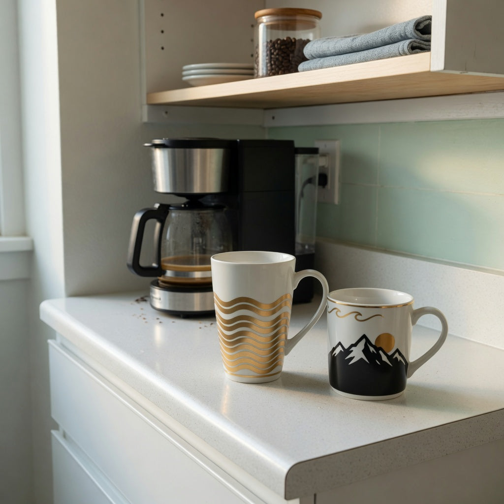 White and gold coffee mug for small coffee setup beside a compact brewer on a narrow kitchen counter