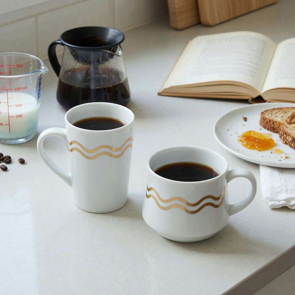 white and gold coffee mug weekend coffee practical purchase checklist shown with tall and Kio mug forms beside a measured pour