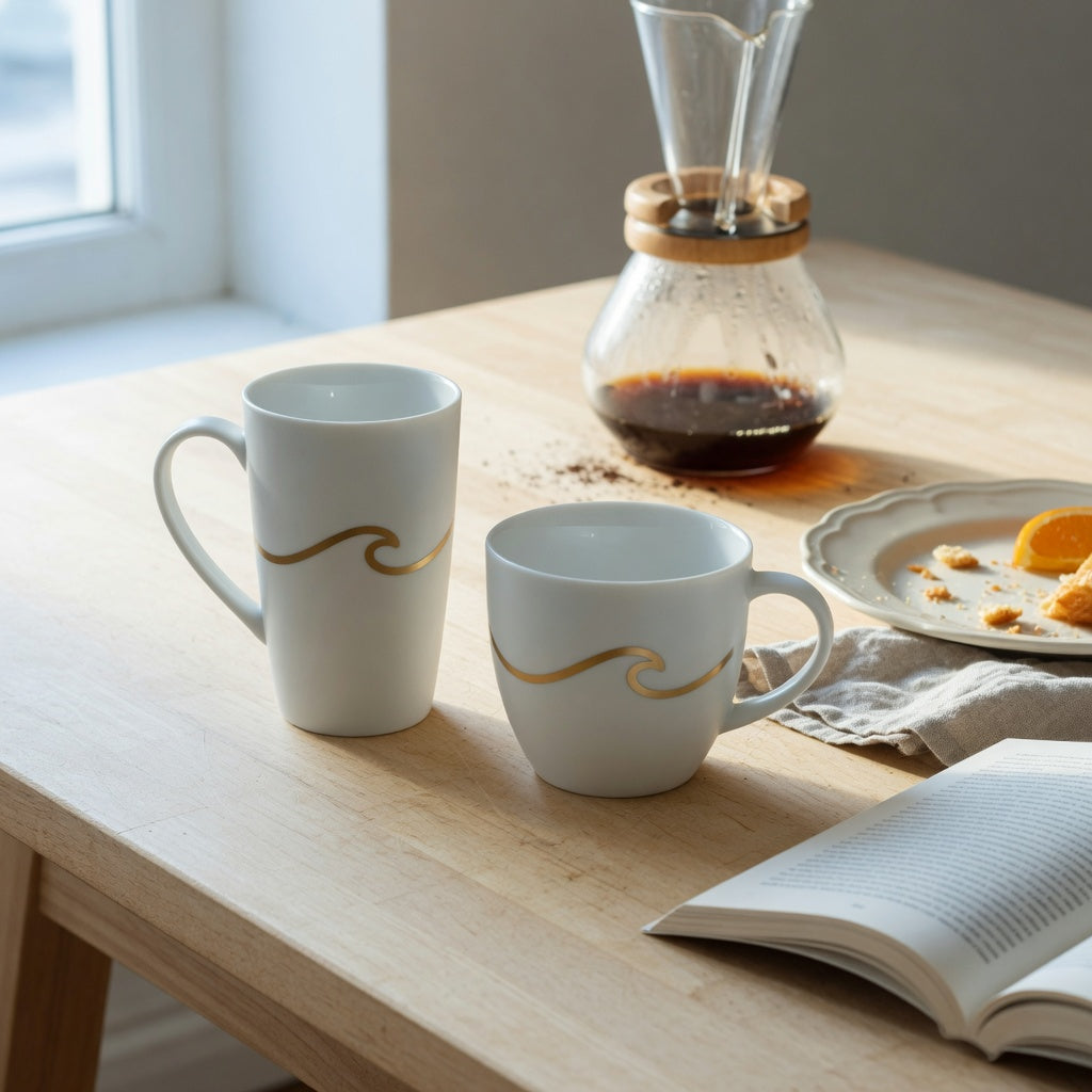 Two wave mugs on a Saturday tray in the white and gold coffee mug weekend coffee product shortlist guide