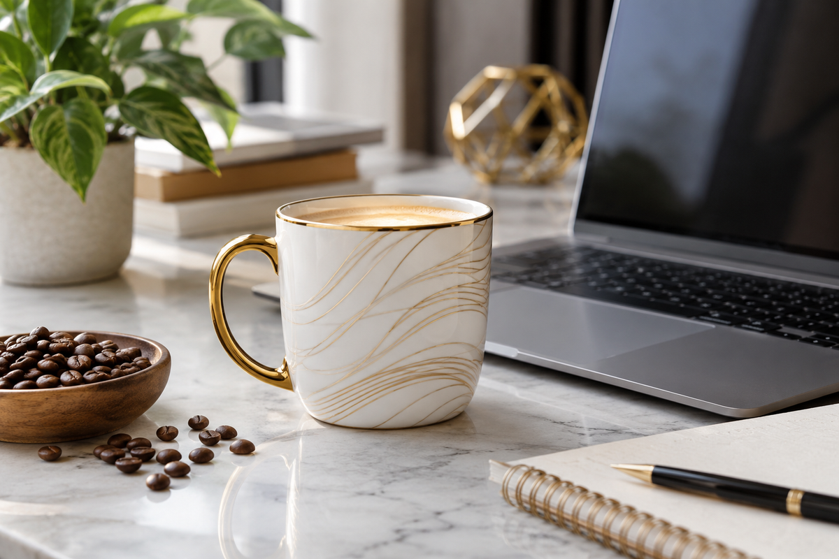 white and gold coffee mug office on a professional desk setup