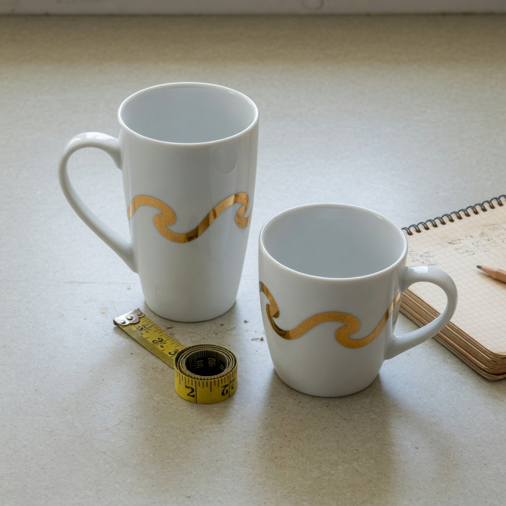 white and gold coffee mug shape and handle guide comparing a tall wave mug and a compact Kio mug with both handles visible