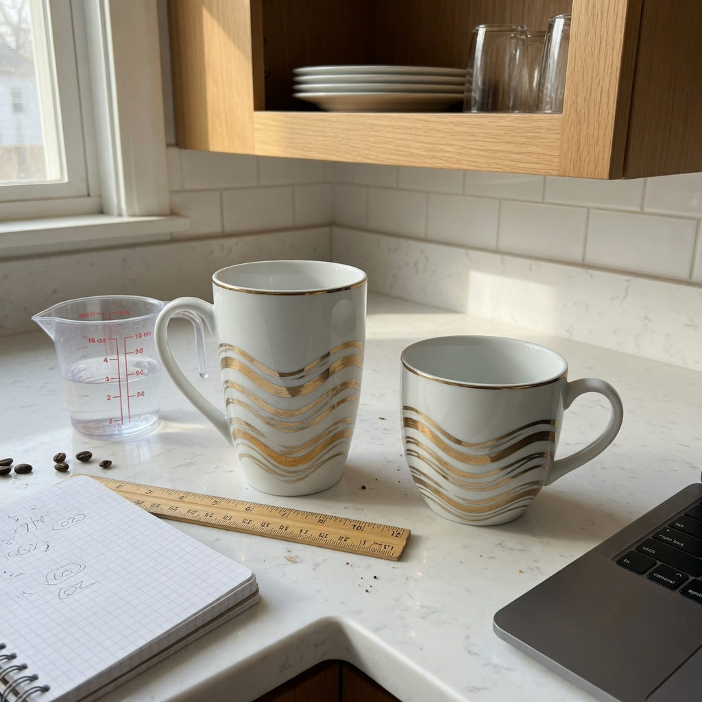 White and gold coffee mug size decision guide comparing a tall mug and compact Kio-style mug on a kitchen counter
