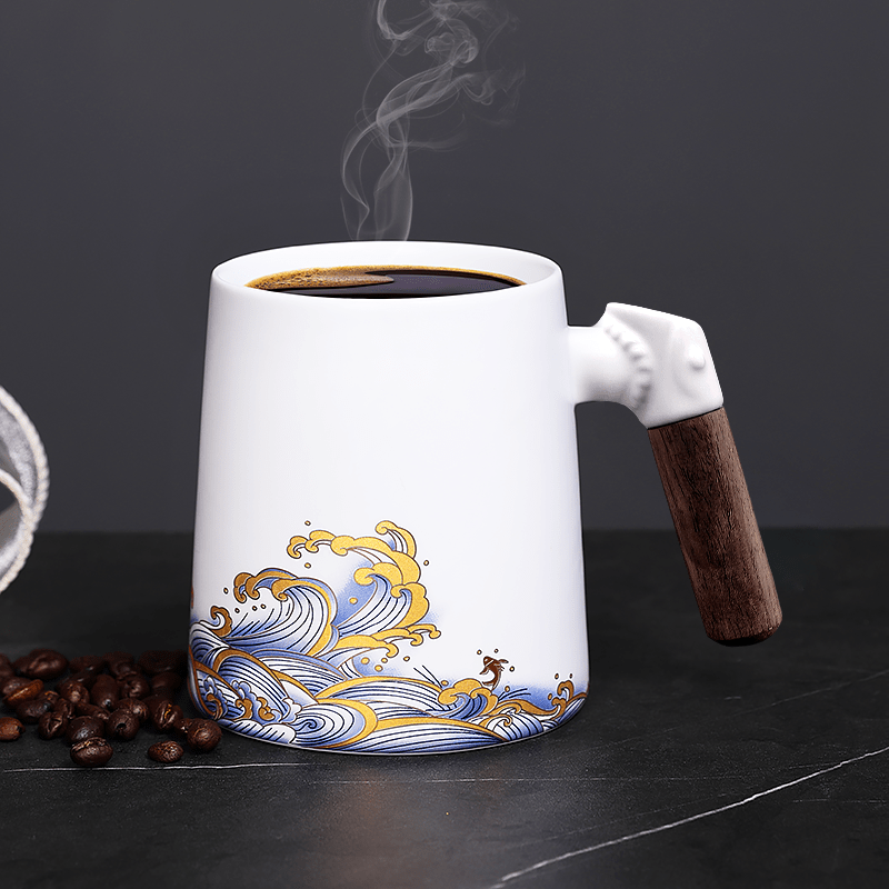 Large decorative coffee mugs for small coffee setup arranged on a compact counter and narrow shelf
