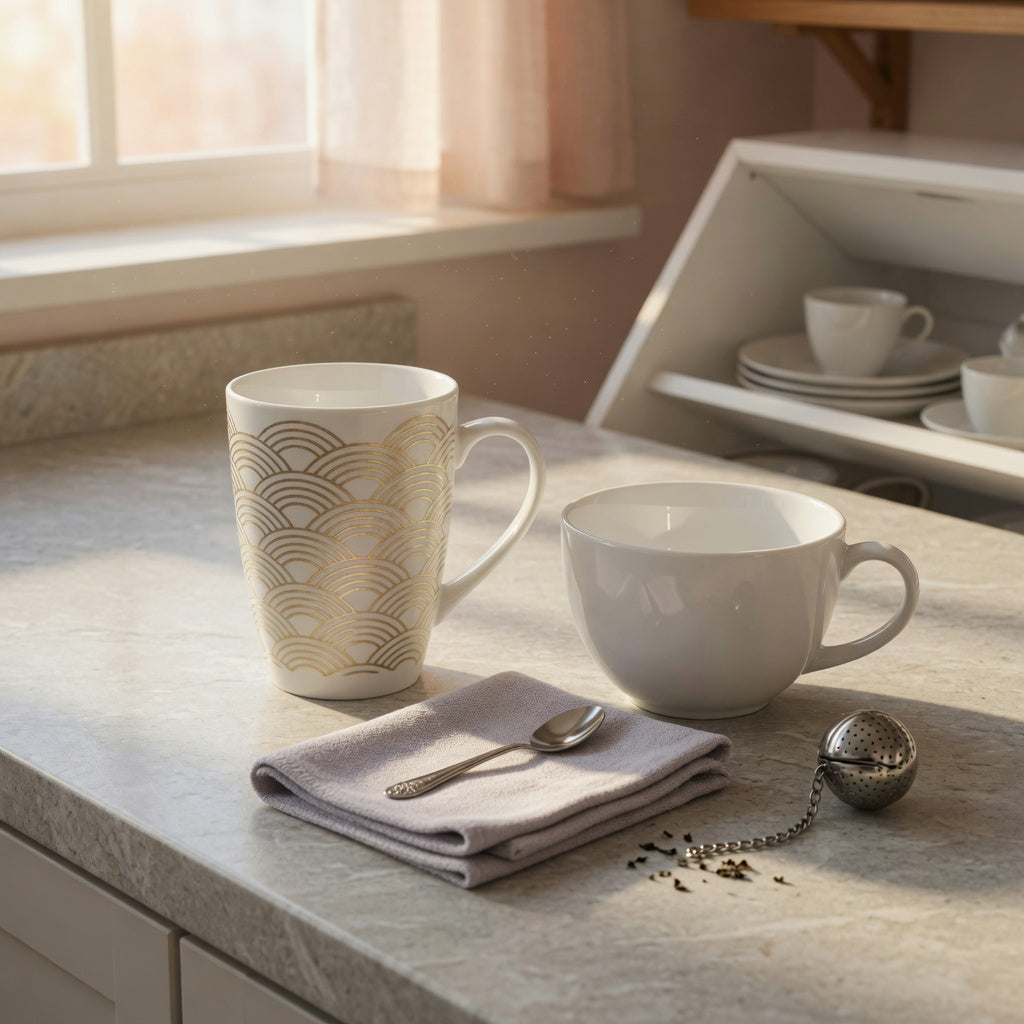 White golden waves mug comparison showing a tall decorated mug beside a wider plain white mug