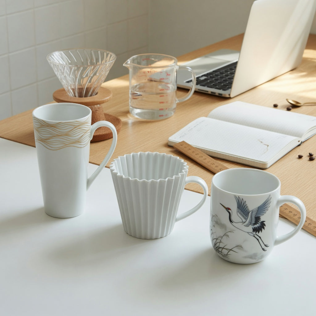 A comparison of white pottery coffee mugs buying priorities shown by three distinct white mug shapes beside a laptop and pour-over setup