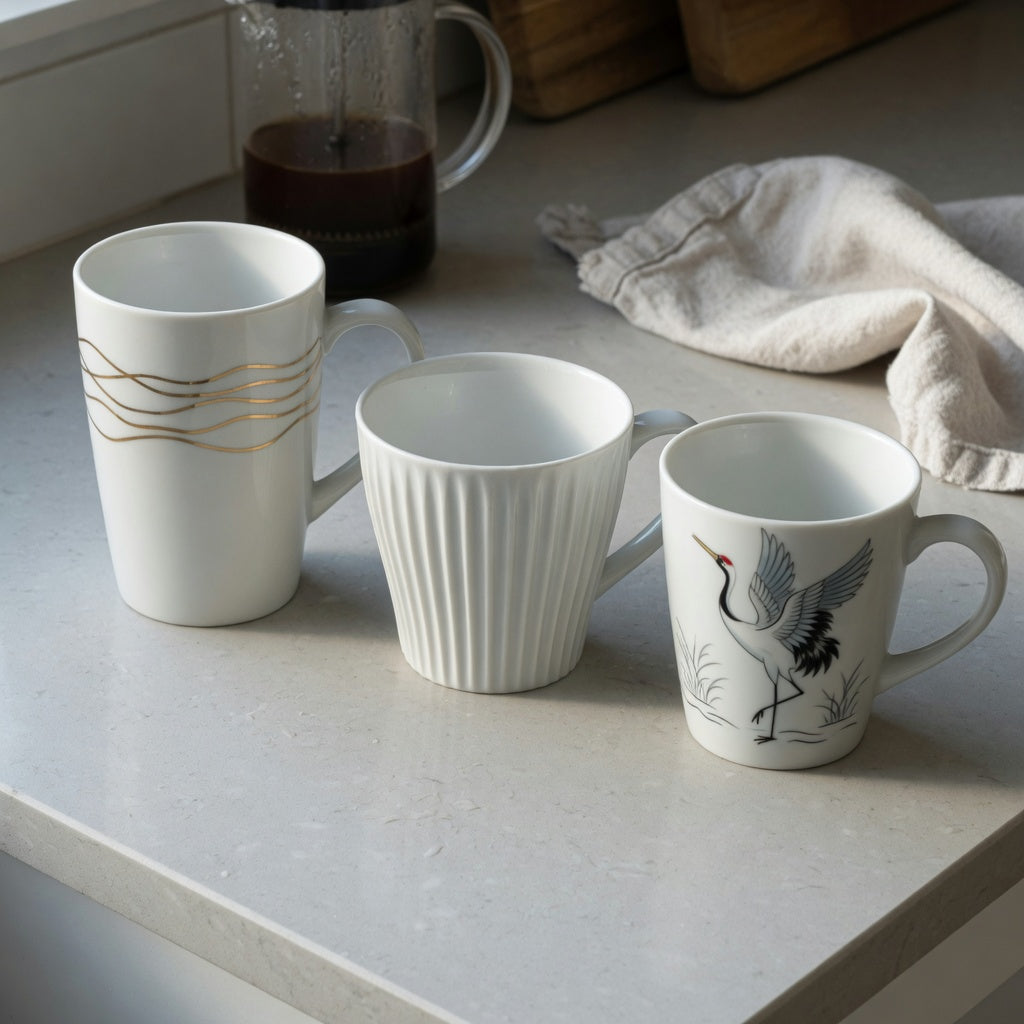 White pottery coffee mugs current product facts comparison showing tall golden waves, pleated, and crane designs