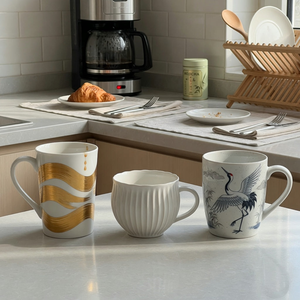 White pottery coffee mugs shared household practical purchase checklist showing tall golden-wave, pleated, and crane-design mugs on a shared kitchen counter