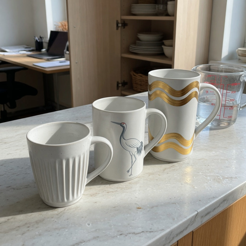 White pottery coffee mugs size decision guide comparison of a 400 ml pleated cup, 440 ml crane mug and 480 ml tall golden-wave mug