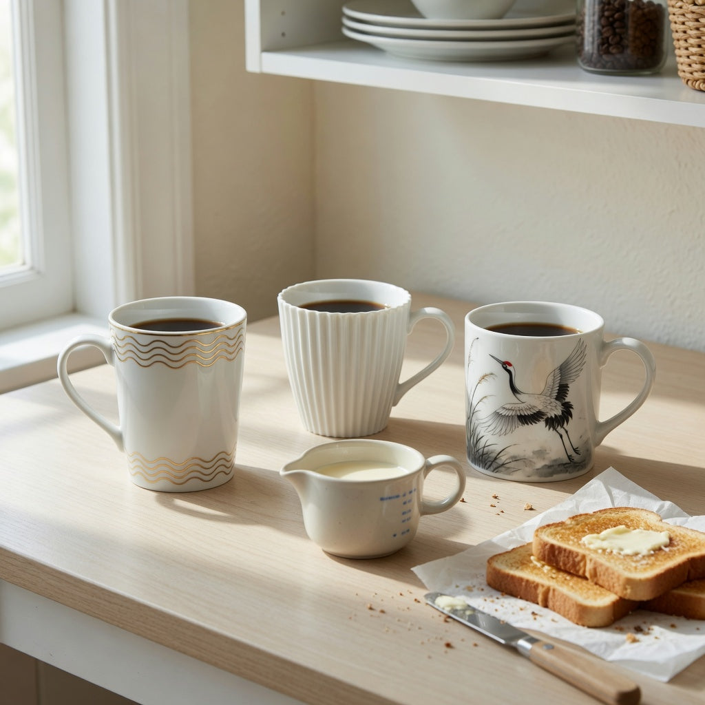 white pottery coffee mugs weekend coffee practical purchase checklist with tall golden-wave, pleated, and crane-design mugs on a Saturday breakfast table