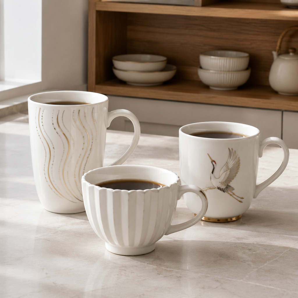 White pottery coffee mugs with tall golden-wave, pleated, and crane designs on a kitchen counter