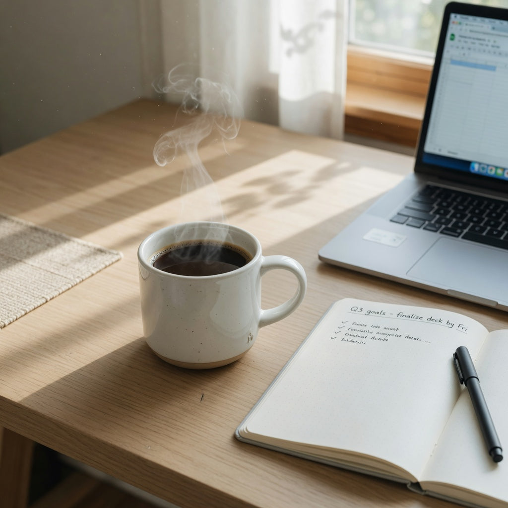 White pottery mugs for office coffee arranged on a clean desk for professional use