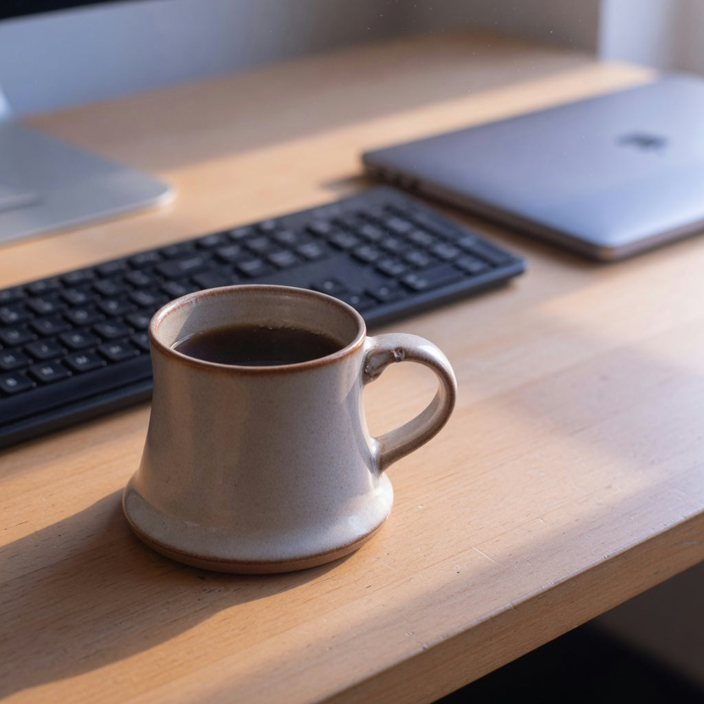 Wide bottom mug for desk use sitting low beside a keyboard on a wooden home office desk