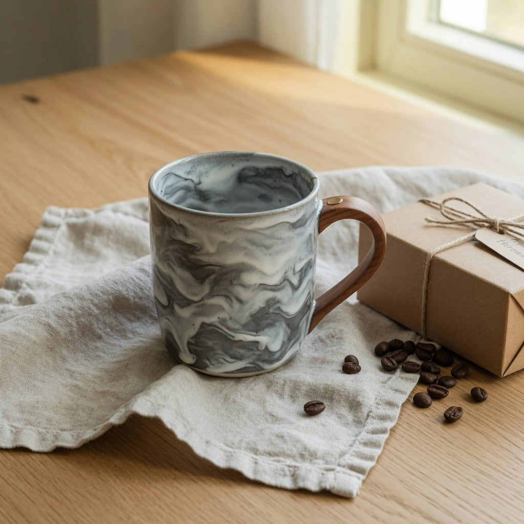 Wooden handle ceramic cloud mug gift with a gray cloud-pattern glaze beside a twine-tied gift box and coffee beans on a linen-covered table