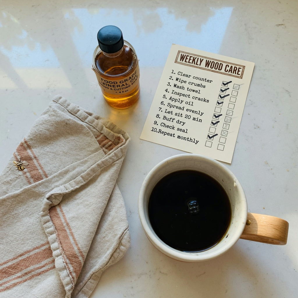 Ceramic mug with wooden handle beside a printed checklist card on a kitchen counter, photographed for our wooden handle ceramic mug buying checklist